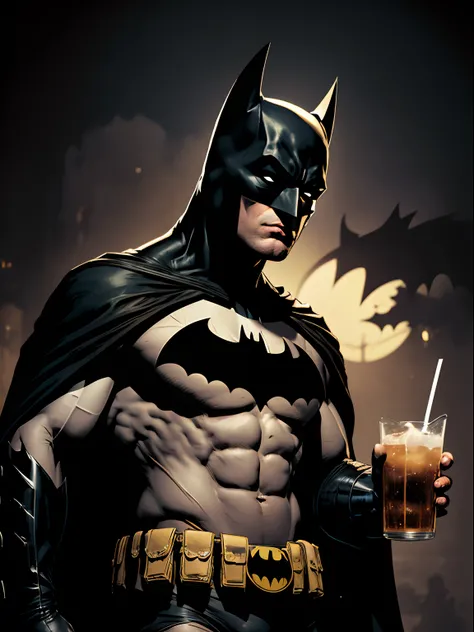 masterpiece, (absurdres, highres, ultra detailed),batman,1boy,solo,holding,soda,drink, black cape,mask,white eyes,no pupils ,superhero,bat ears,pouch,spandex, black bodysuit ,abs,muscular male,utility belt