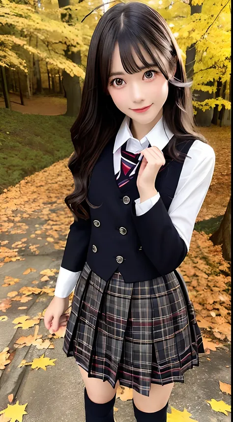 autumn leaves,autumn,beautiful forest,(school uniform:1.2), long sleeve,
very cute ,black hair,shiny hair,bangs,black eyes,happy, pinafore dress,
solo, 1girl,
(masterpiece, best quality,ultra-detailed)
,masterpiece,best quality