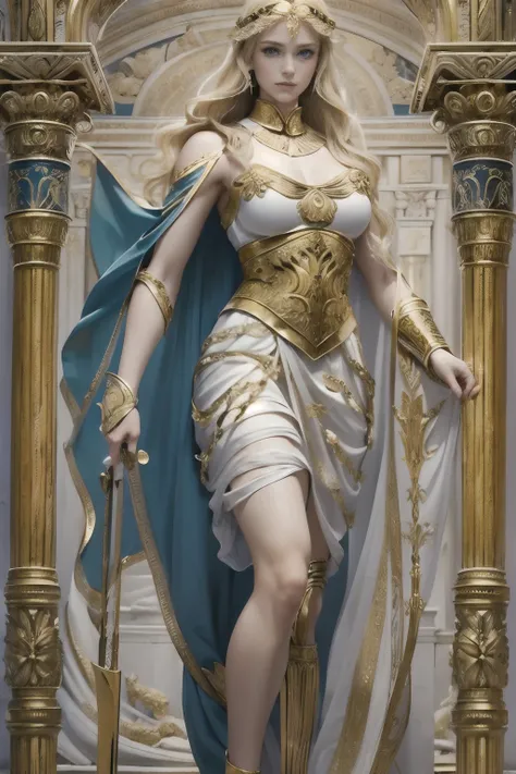 Masterpiece, Cinematic, Mythic fantasy, Hyper-Realism, ultra-quality, Super Detail, A young virgin greek goddess of wild nature and hunting, with (((Blonde hair))) and (((Blue eyes))), has amazingly and stunningly beautiful appearance, is fair-skinned, sle...