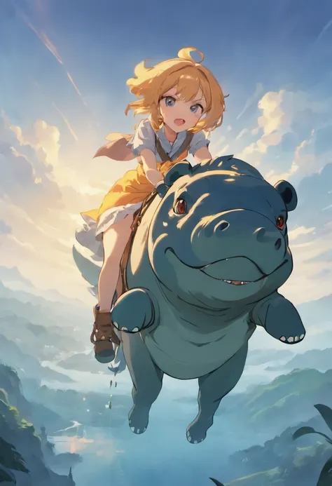 Female adventurer riding a hippopotamus、Clear sky moving on the plateau