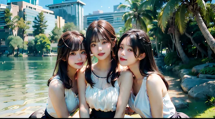 (3 female students), bright smiles, beautiful mouths and pink lips, (bare shoulders), big breasts, pleated skirt, long black hair, bangs, sitting on the grass by the clear blue lake, under a shady coconut tree ( Best quality, Super detailed), (Heavenly sta...