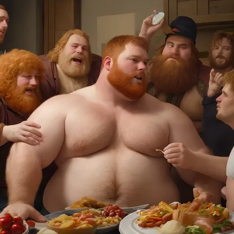 Realistic picture, very big tall obese 2000 pounds handsome hairy ginger obese fatman shirtless being fed a lot of food by short skinny men, detailed faces, proper hands