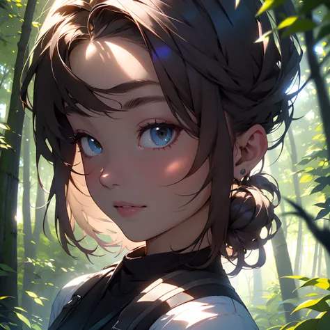 A girl in the forest with sunlight on her face