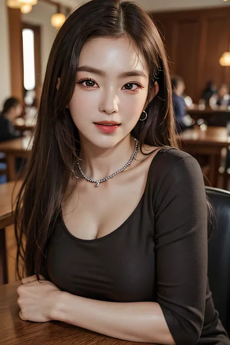 extremely detailed eye, extra detailed face, Best Quality ,masutepiece, Extremely detailed, Ultra-detailed, (Realistic, Photorealsitic:1.3), Smile, (facing front), Looking at Viewer, Black shirt, 1girl in , On the chair, , in a cafe、medium breasts⁩、cleavag...