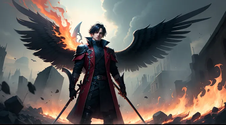 can you make a pic of a person with big black wings and in his hands he has two scythes thats on fire and he is dressed in full black