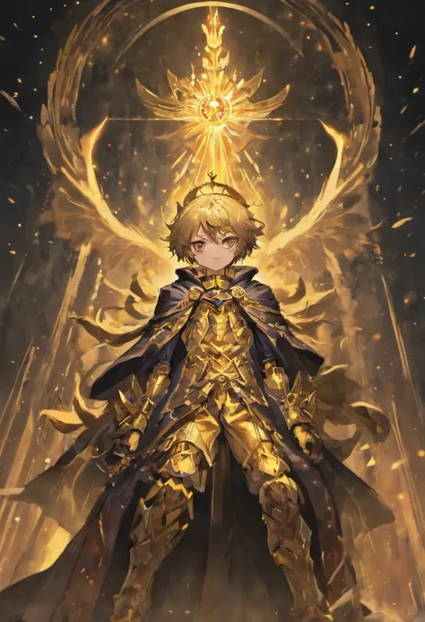 Under the starry sky, A huge illusory golden human skeleton，Wears a dark brown cloth cloak with a hood，Sit on a throne in an illusory starry sky, Golden flames burst out of its eyes，A gray hair、A tall pony-tailed boy with purple eyes on one side and golden...