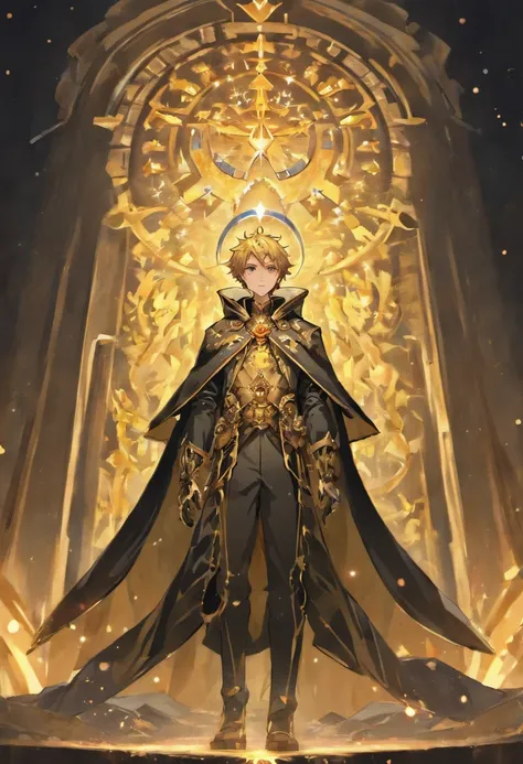 Under the starry sky, A huge illusory golden human skeleton，Wears a dark brown cloth cloak with a hood，Sit on a throne in an illusory starry sky, Golden flames burst out of its eyes，A gray hair、A tall pony-tailed boy with purple eyes on one side and golden...