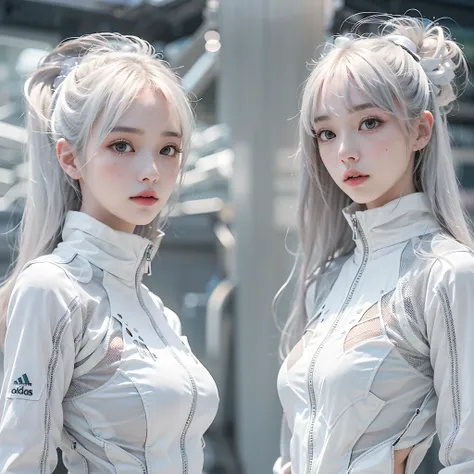 (UHD),ultra realisic, Perfect Body, 韓国アイドル, 18 years-old, beautiful a girl, (realistic face), (Realistic skin)Two women standing side by side, Huang Yuxing(Huang Yuxing)and Aya Takano(Aya Takano), Two-piece tracksuit, All White, Two skinny figures, The sam...