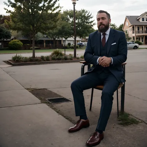 (Raw photo:1.2), Man in business suit sitting outside, a beard, Tired, candid shot, Best Quality, 8K, nffsw, Photorealistic