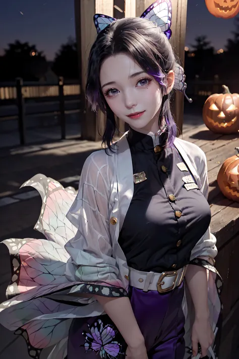 masterpiece, top-quality, top-quality, Beautifully Aesthetic:1.2, 1girl, Halloween night, 
((Wearing a high-quality kochou shinobu suit over the Black button shirt:1.2)), high detailed, ((Close the Button:1.2)), 
large breasts, firm breast, nicely shaped b...