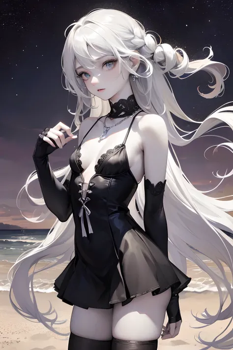 Masterpiece, Best quality, Night, stars, On the beach, Real, Realistic, incredibly_absurderes, the wallpaper, monochrome, traditional_Mediums, Girl, Long hair, Wavy hair, Small breasts, Revealing dress, white thighhighs, pendant, jewelry, Fingerless gloves...