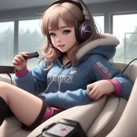 A girl who likes to play games wearing headphones