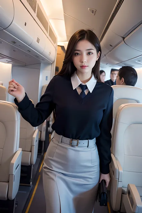 Top Quality, Masterpiece, 8K, Ultra High Definition, (Photorealistic: 1.4), 1 Girl, Beautiful Face, Symmetrical Eyes, Big, Perfect Body Proportions, Stewardess Uniform, Viewers Look, (Inside the Airplane: 1.2), Front View, Shoulder Jump, Absolute Area (1.3...