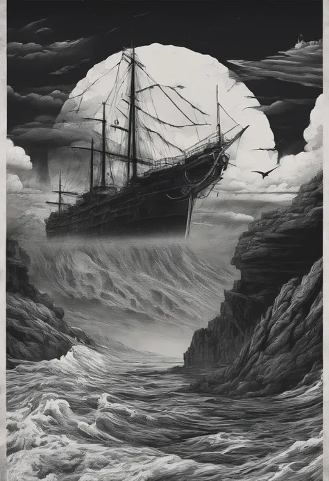 um navio pirata ao estilo assombrado, perola negra, flutuando sobre nuvens, clima tenso, poster, Metal band album cover, melhor qualidade.