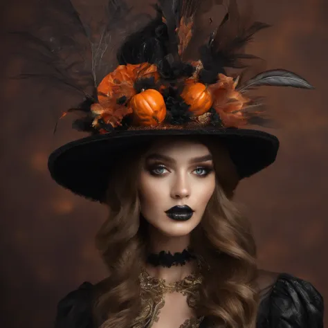 A Halloween-themed hat,Luxurious,Halloween colors,(On the model),sparkling gemstones,feather-adorned,(In the boutique),(luxury brand),vibrant hues,elegant,Eye-catching,Decorated with skulls and spiders,Gold accents,Lace trim,(Velvet fabric),Sparkling sequi...