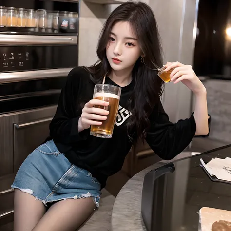 realistic、Long black hair、Realistic Woman、18year old、Drinking beer alone