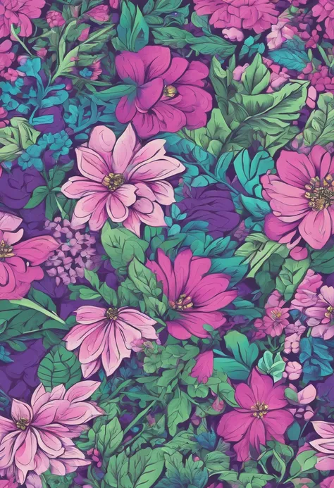 Floral print for pink green shirt, purple, blue