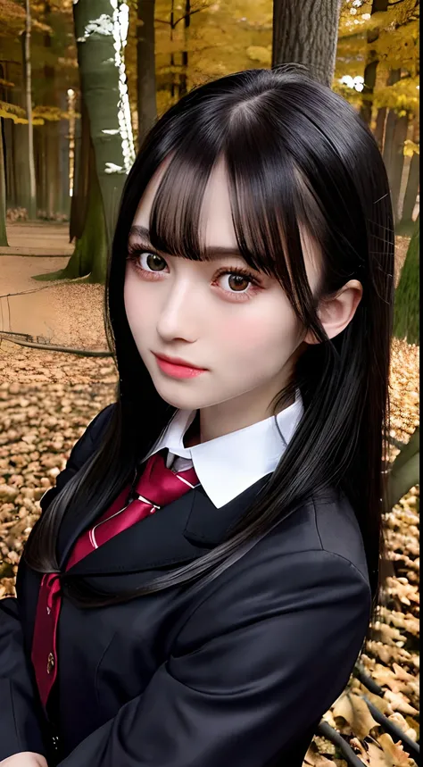 autumn leaves,moon light,beautiful forest, (midnight1.3), black shiny hair,bangs,medium hair,　opal eyes, big chest, (school uniform:1.3), solo, 1girl,
(masterpiece, best quality,ultra-detailed)