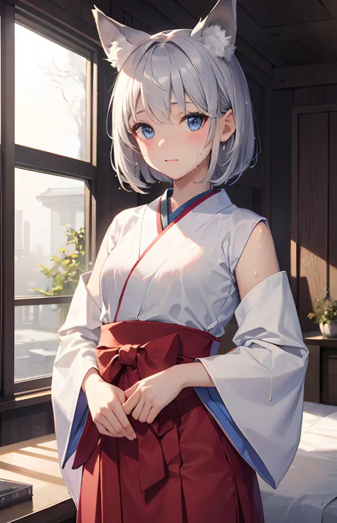 ​masterpiece,Top image quality,hight resolution,imagem 4k,Raw photo,Photorealsitic,{Solo},teens girl,silber hair,Bery short hair,stare at each other,Blue eyes,小柄,Silver fox ears,Fox tail,on the beds,shrine maiden,,boyish,,Wet、small tits,,,a junior high sch...