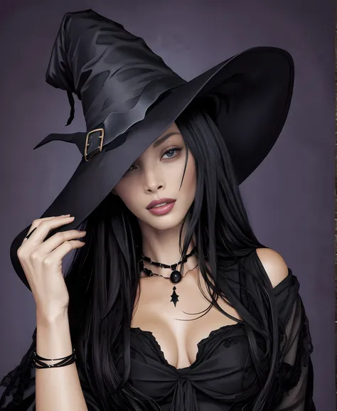 cturlington as witch with black hair and a black hat on her head, beautiful witch spooky female, witch,