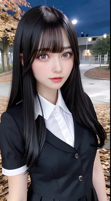 autumn leaves,moon light,beautiful forest, (midnight1.3), black shiny hair,bangs,medium hair,　opal eyes, big chest, (school uniform:1.3), solo, 1girl,
(masterpiece, best quality,ultra-detailed)