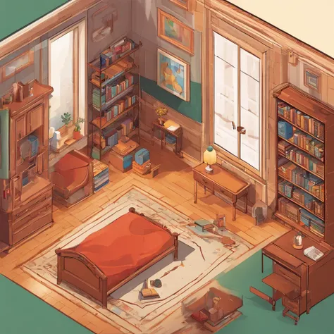 There is a boy room with ( a bed in the middle of the room ), ( a table with a pencil, a notebook and a textbook), ( a chair in front of the table ), ( a wardrobe with double doors ), a rug, a wall clock, a wall painting, (a bookcase with several books on ...