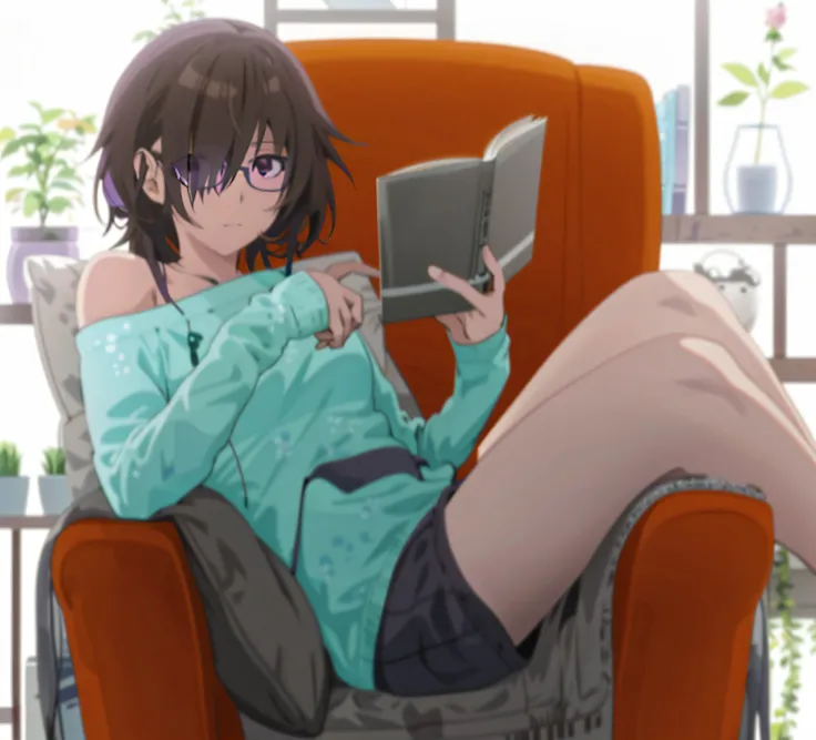 Anime girl sitting in chair with laptop and remote control, (eyeglasses:1.1), (Purple Left Eye:1.2), anime moe artstyle, reading a book, relaxed pose, made with anime painter studio, painted in anime painter studio, artwork in the style of guweiz, Anime lo...