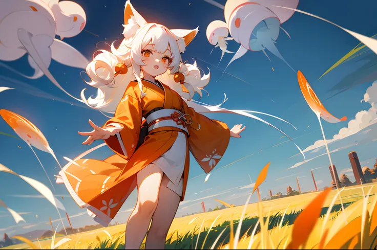 white color hair，long whitr hair，curlies，fox ear，red color eyes，fox tails，Japan kimono，Yellow jellyfish in the air，teens girl，grass field