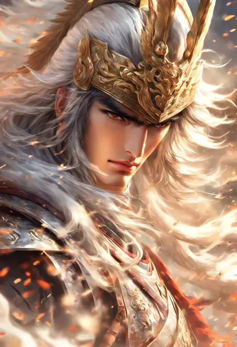 zhao yun，A young general in white，A white horse，A long gun，The war is raging，Warring states，The helmet which is gorgeous with a silver pattern，Clear, delicate and handsome facial features