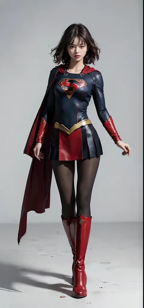 Beautiful girl fighting、japanes、Cute Beautiful Girl、(((Wear black tights on your beautiful legs.)))、(((beauty legs)))、(((Painful look)))、((((Make the most of the original image)))、(((Supergirl Costume)))、(((Beautiful hair in a short cut)))、(((Injured)))、((...