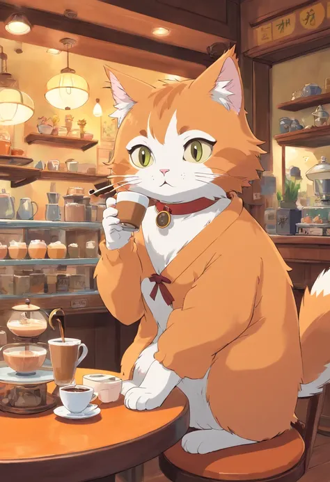 1 fluffy female cat,deadpan,Drinking coffee at a cat café