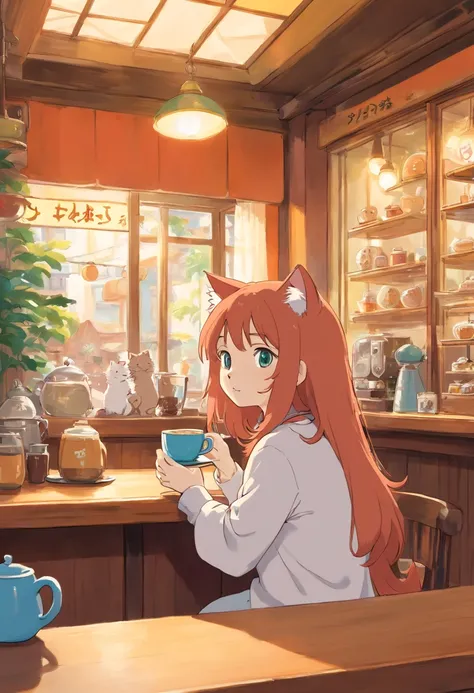 1 fluffy female cat,deadpan,Drinking coffee at a cat café