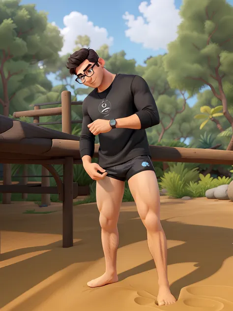 A man in a black thermal shirt and swim trunks, eyeglass, estilo Disney pixar, alta qualidade, melhor quailidade.