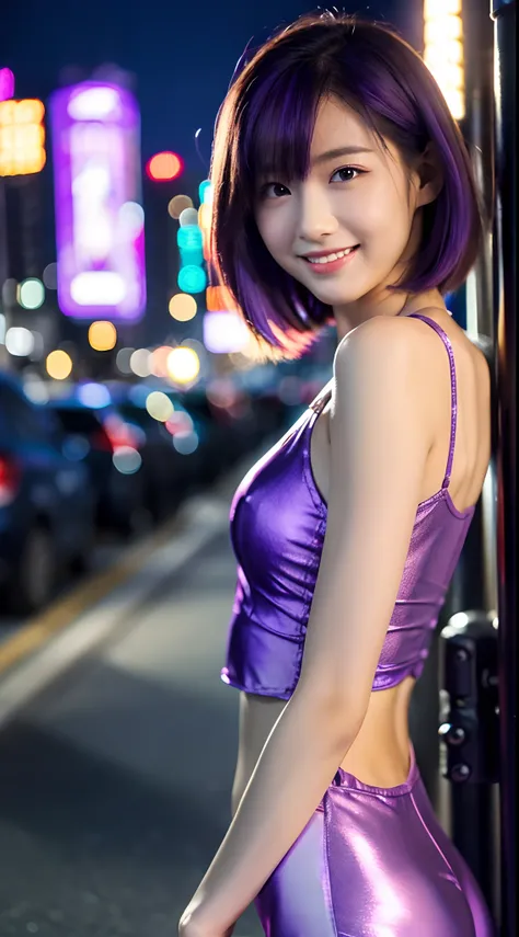 ((full bodyesbian))、(((Purple leotards)))、(((Bright night city)))、((1人))、((short-hair))、((sexy  pose))、((Cute Beautiful Girl))、((A slight smil))、((A slender))、Photorealsitic、Beautiful detailed eyes、Hyper-Realism、highcontrast、Ultra HD、realistic skin texture...