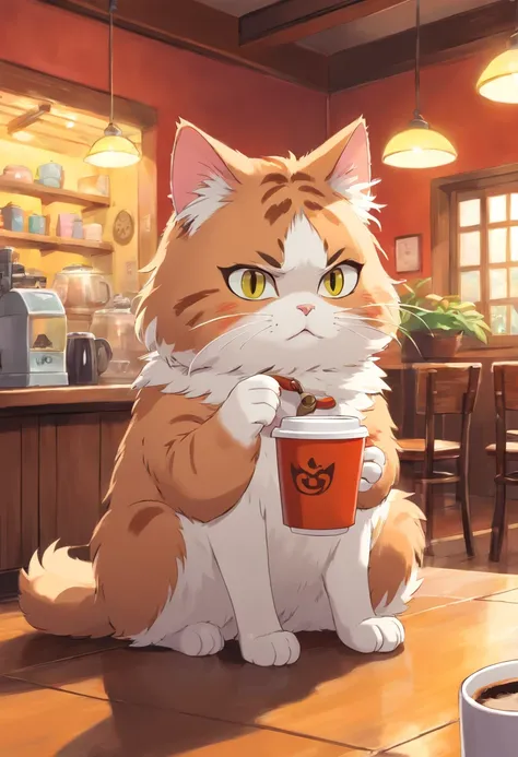 1 fluffy female cat,Angry,Drinking coffee at a cat café,