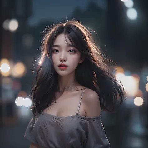 s whole body,  (realisitic:1.4),  8K UHD,  Top  Quality,  The ultra-Highres,  Unique Backgrounds,  clouds,  Dark and very dark..,  Building lights are lighting up the night..,  wind:1.3,  (Wearing a crop top and a short skirt),  (images:1.1),  kpop-idol,  ...