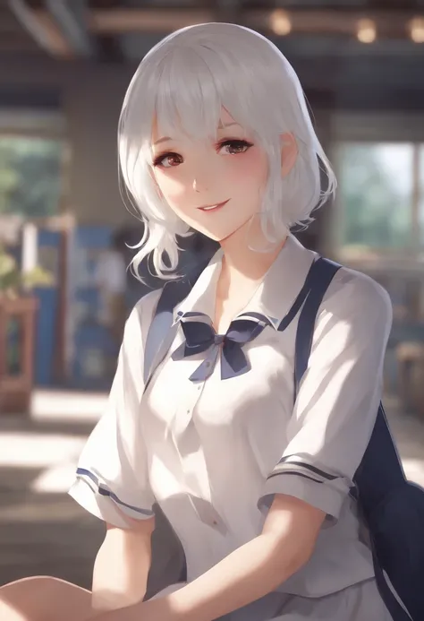 1 girl, short white hair, big chest, school uniform, white skin, anime girl, smiling look, mature appearance