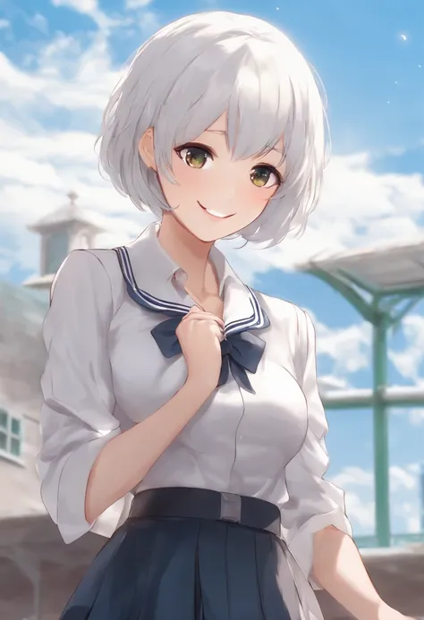 1 girl, short white hair, big chest, school uniform, white skin, anime girl, smiling look, mature appearance