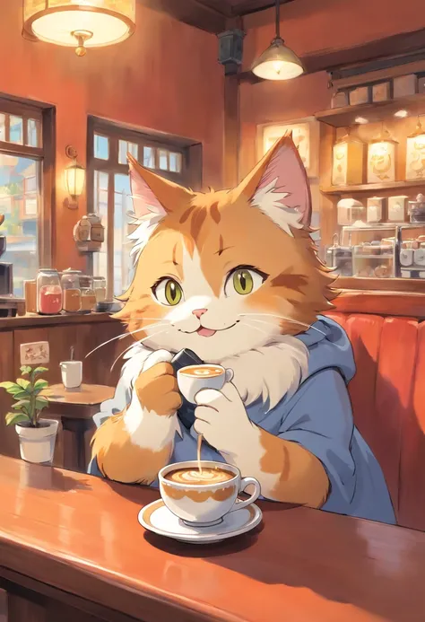 1 fluffy female cat,a smile,Drinking coffee at a cat café,