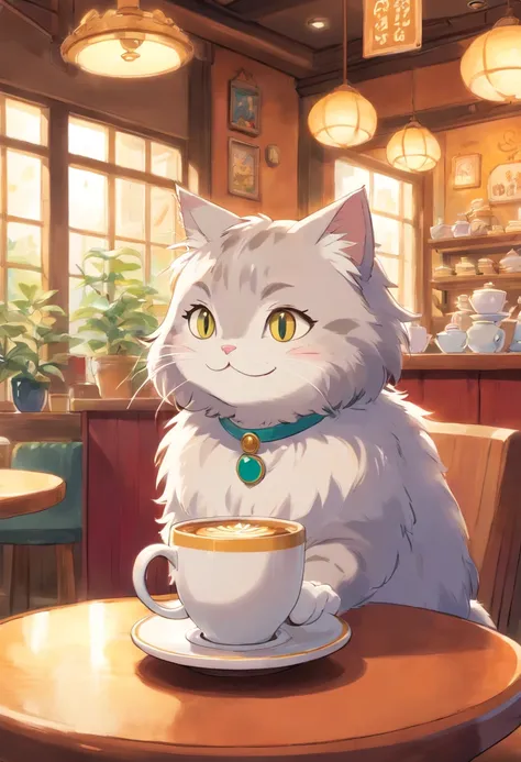 1 fluffy female cat,a smile,Drinking coffee at a cat café,