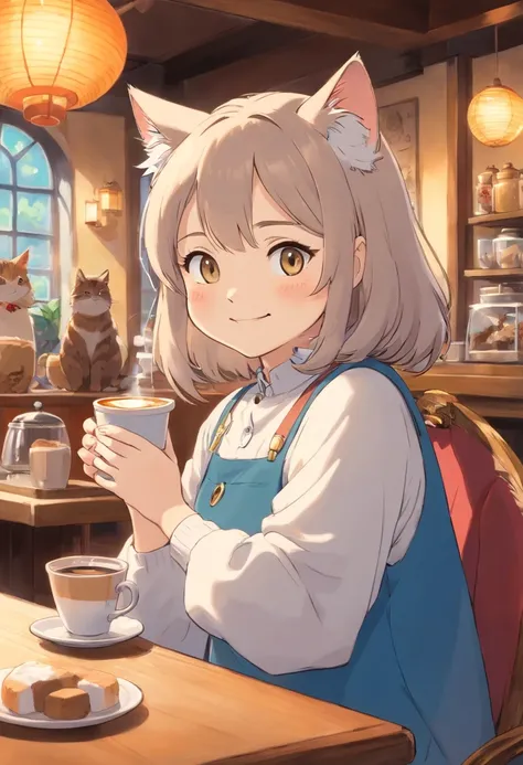 1 fluffy female cat,a smile,Drinking coffee at a cat café,