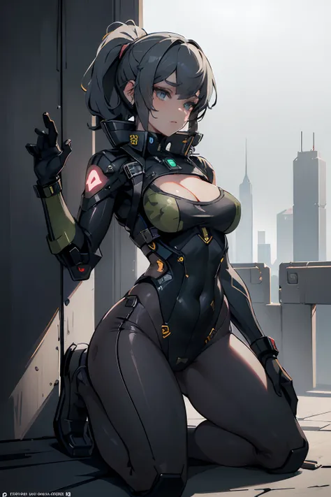 Beautiful Alluring cyberpunk female soldier, wearing camo colored suit, camo armor, camo leotard, glowing parts, exposed mechanical arms, exposed mechanical legs, Athletic Well Toned Body, Elegant Form, Barely Clothed, cleavage, Beautiful Face, Ominous cyb...