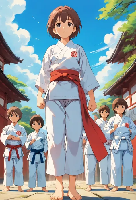 Boy in karate suit２People and girls１People standing side by side、Under the blue sky、Karate Poses