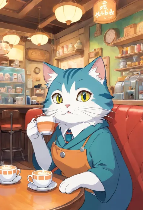 1 fluffy mackerel cat,Shy,Drinking coffee at a cat café,