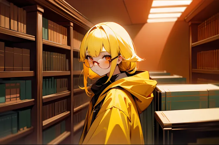 bookshelves，libraryai，Yellow hair，teens girl，red color eyes，red-tinted glasses，Yellow jacket