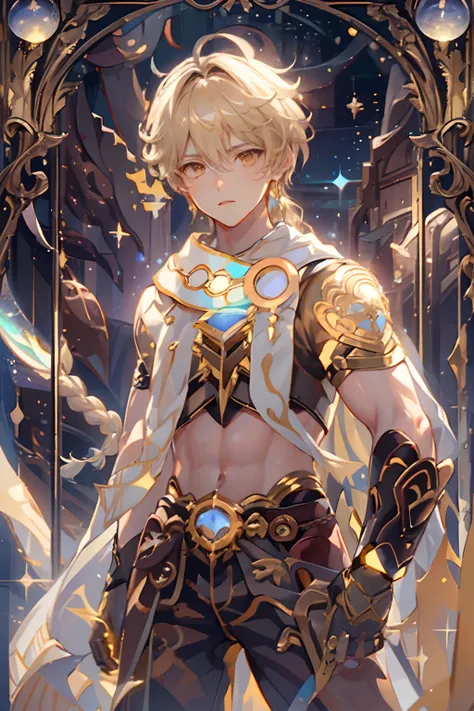 1 boy young man male solo, blond hair with braid, yellow eyes, white scarf with gold details, brown short top, bare belly, wide ...