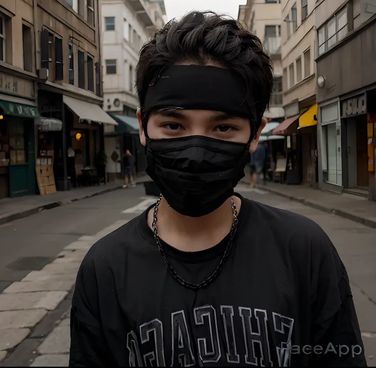 A boy wearing black mask with chain