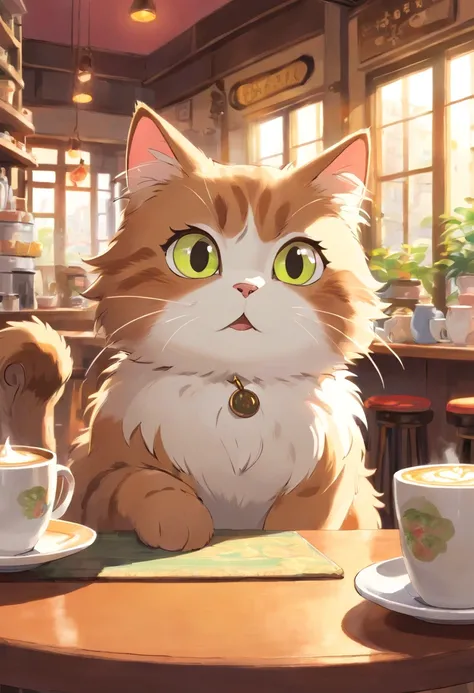 1 fluffy cat,Surprised expression,Drinking coffee at a cat café,（（Not human））