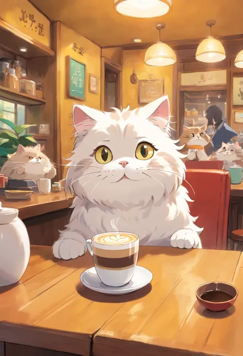 1 fluffy cat,Surprised expression,Drinking coffee at a cat café,（（Not human））