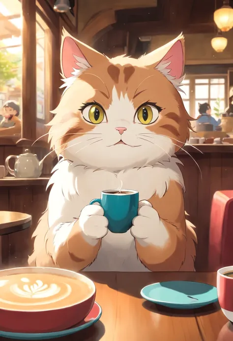 1 fluffy cat,Surprised expression,Drinking coffee at a cat café,（（Not human））